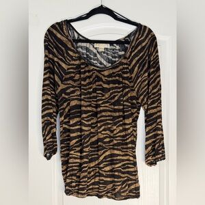 MICHAEL Michael Kors Black and Tan Zebra Print Long Sleeve Top, Medium